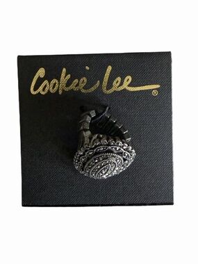 Cookie Lee Silver Tone Stretch Ring with Marcasite-Look Oval Statement Design